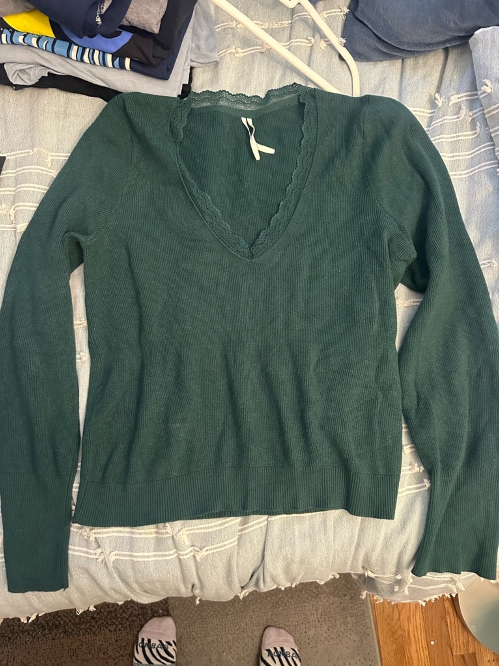 Anthropologie Deep Teal V-Neck Sweater with Lace Trim